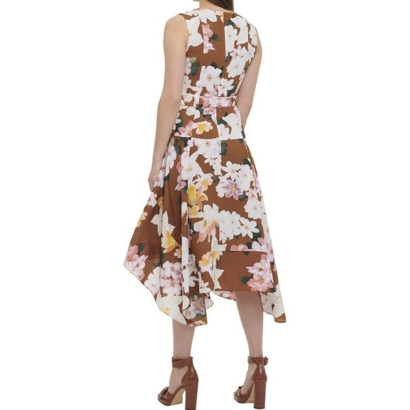 NWT - Calvin Klein Brown Floral Belted Handkerchief Hemline Dress Sz 14 - Picture 2 of 14